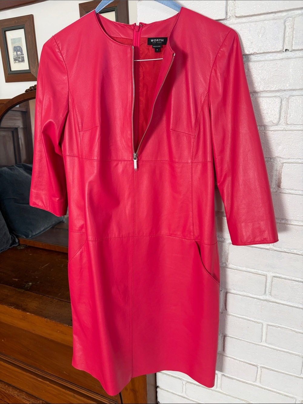 Worth Vibrant Pink Leather Shift Dress with Front Zip and Pockets